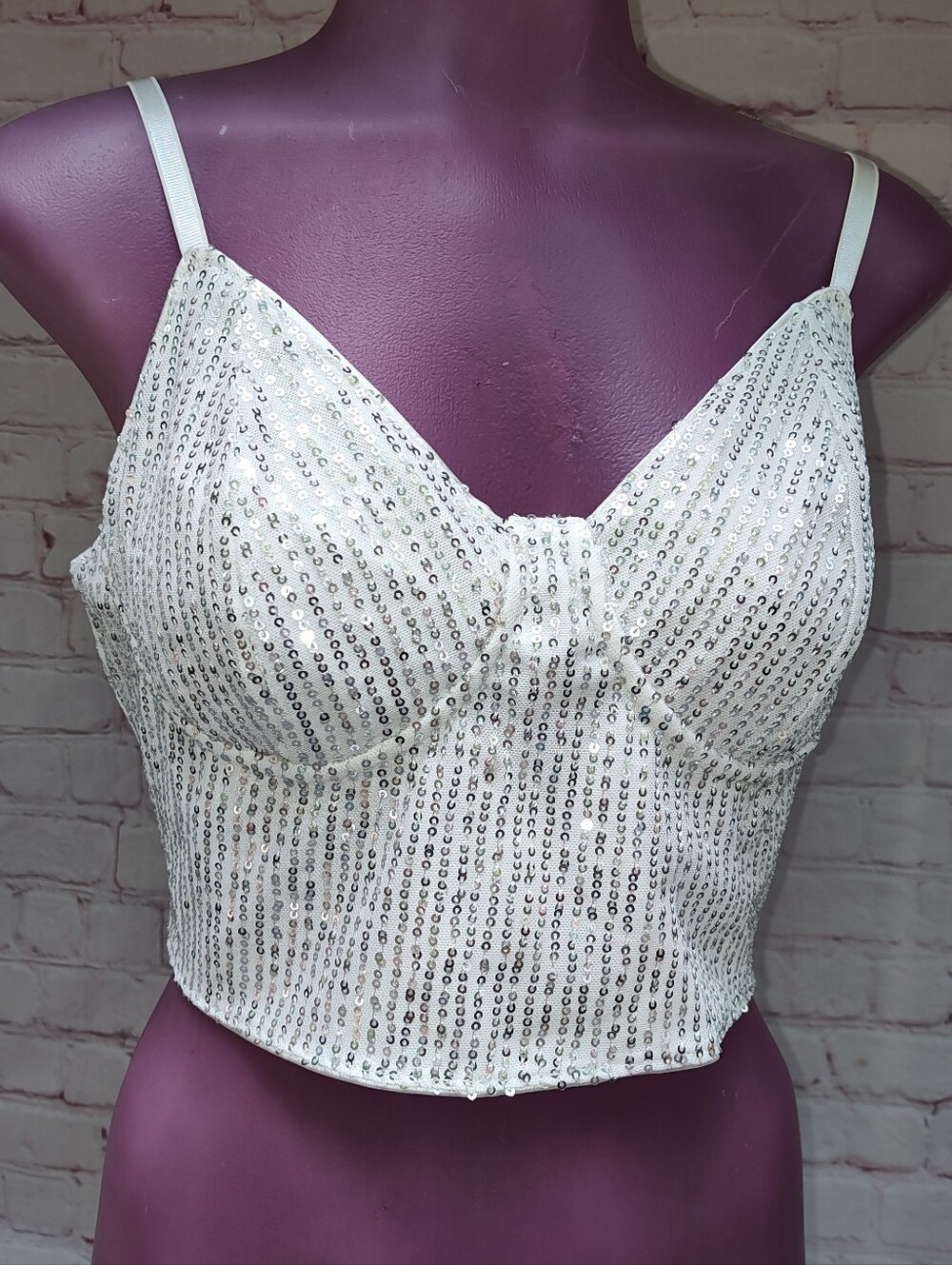 Crop top White sequin Sleeveless , Medium